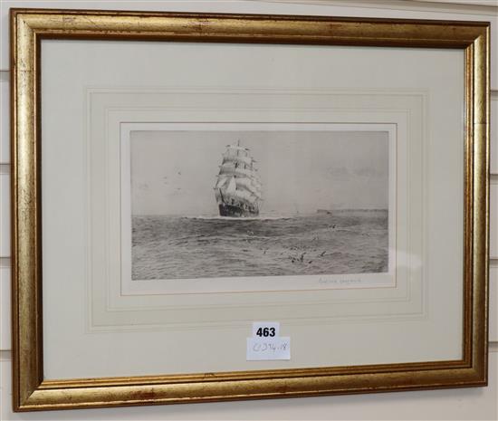 Rowland Langmaid, etching, Clipper ship off Lands End signed in pencil, 19 x 32cm